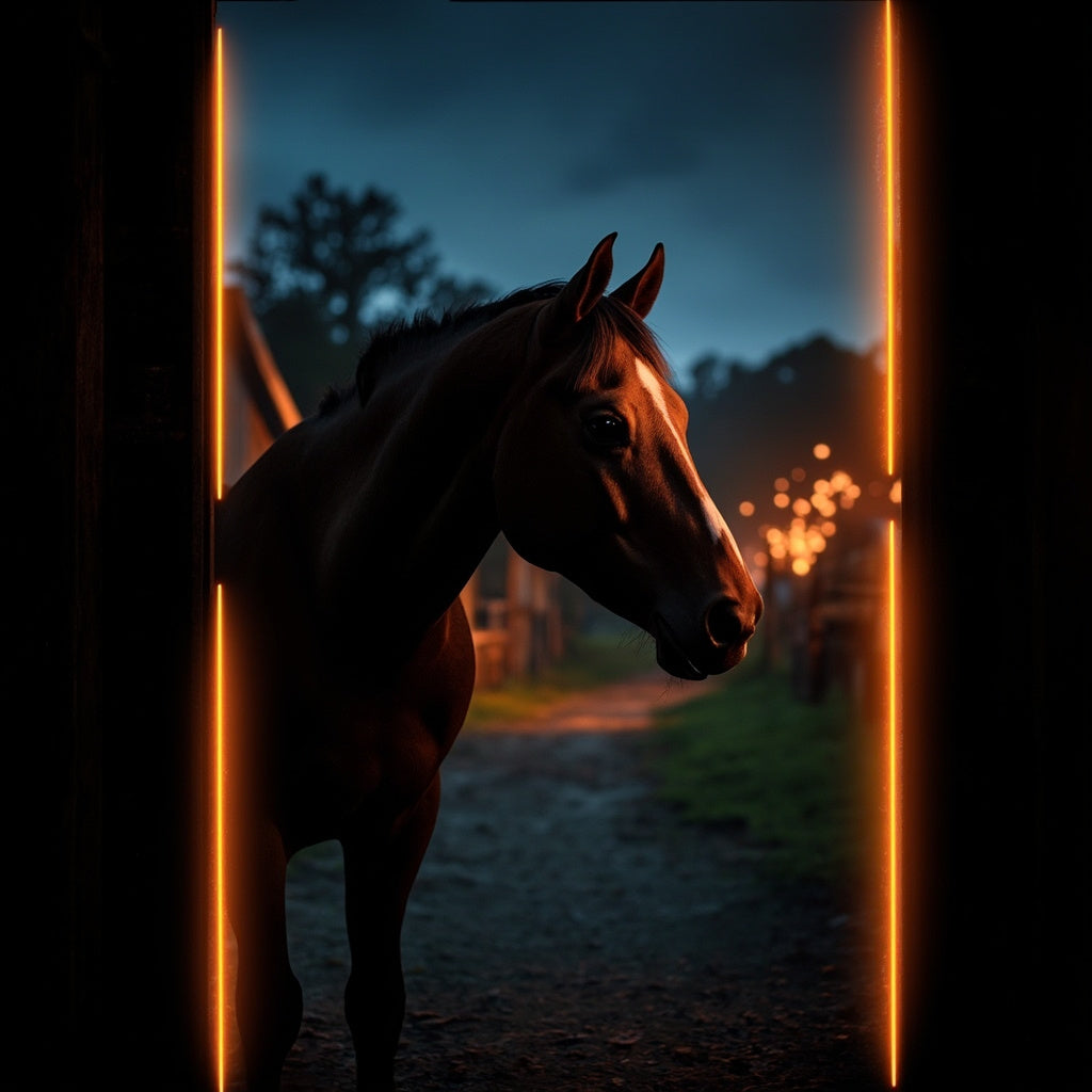 A calm horse in a stable doorway at Bonfire Night