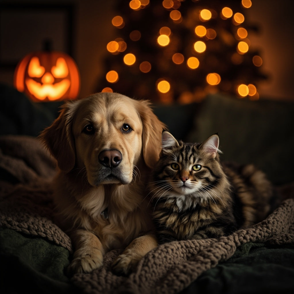 A dog and cat settled together on a blanket at Halloween