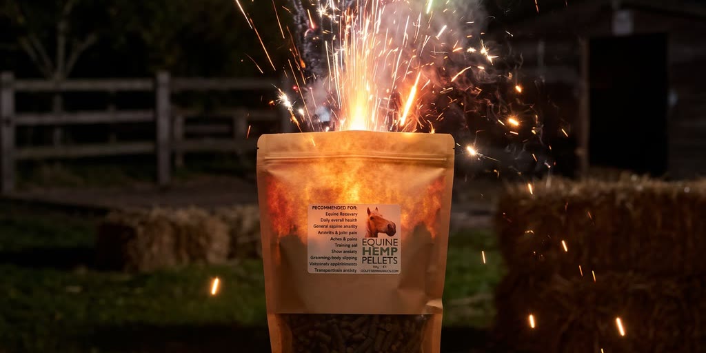 Gold Tree Organics Equine Hemp Pellets pouch under golden fireworks